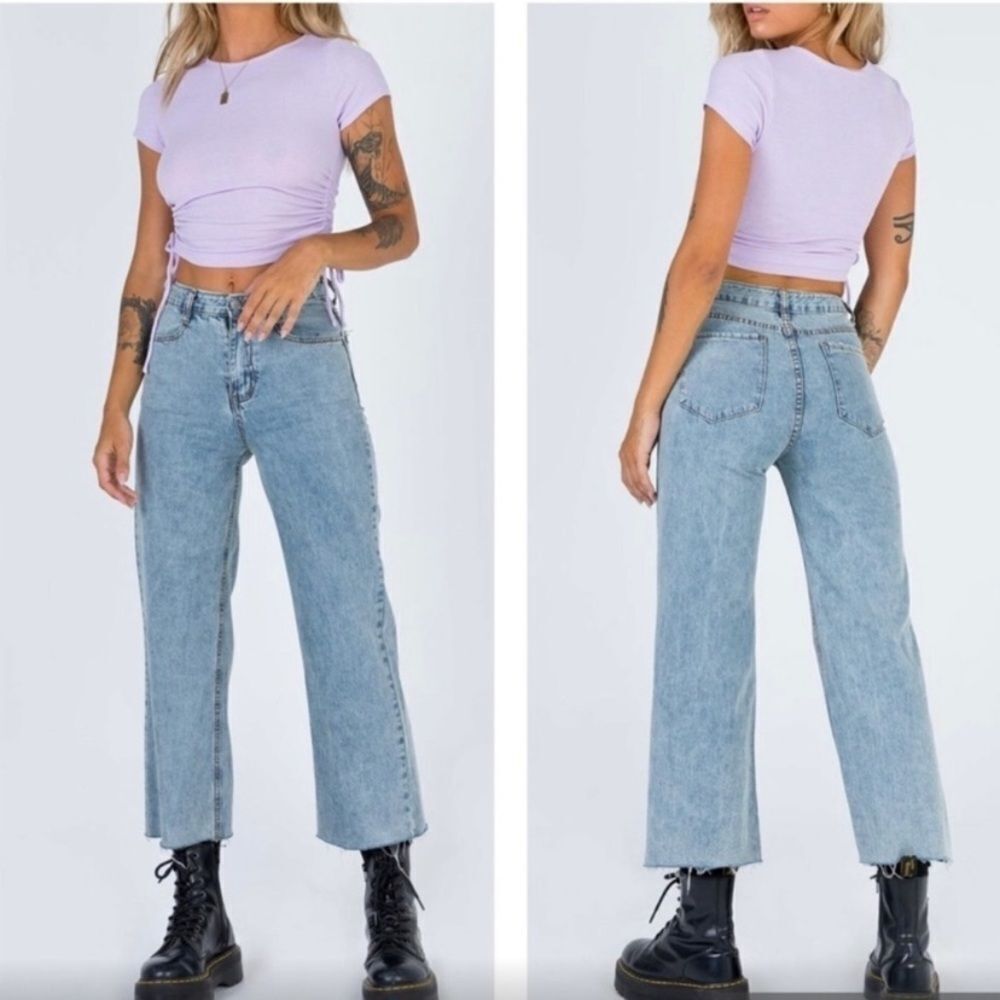 Princess Polly Helena Wide-Leg Crop Raw Hem Jeans